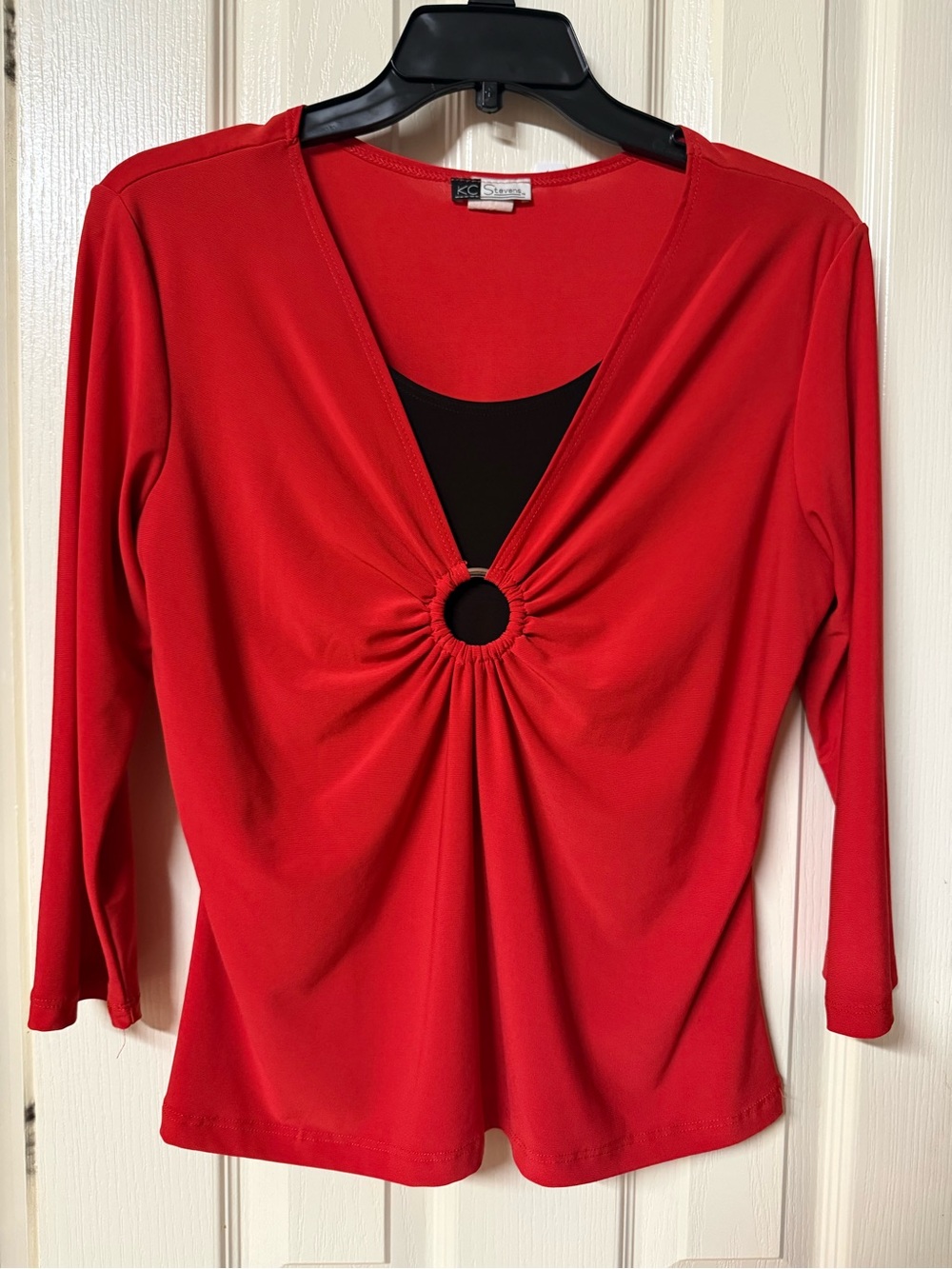 Red Long-Sleeve V-Neck Top with Center Ring